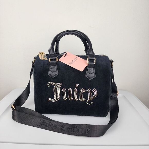 Juicy Couture Bag Obsession Satchel Black Velour Velvet Rhinestone Purse Handbag - Picture 14 of 14